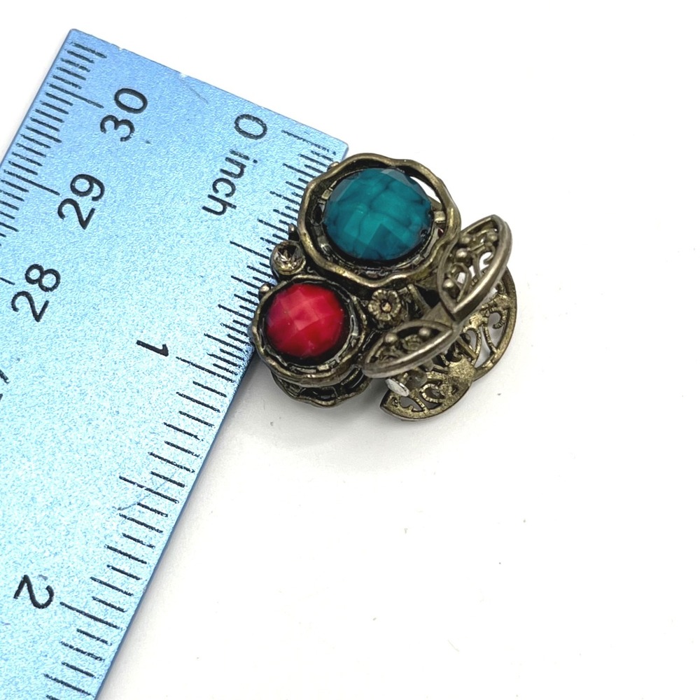 Vintage Style Mini Hair Claw Clip Bronze Filigree Red Teal Faux Stone Ornate - Picture 7 of 7